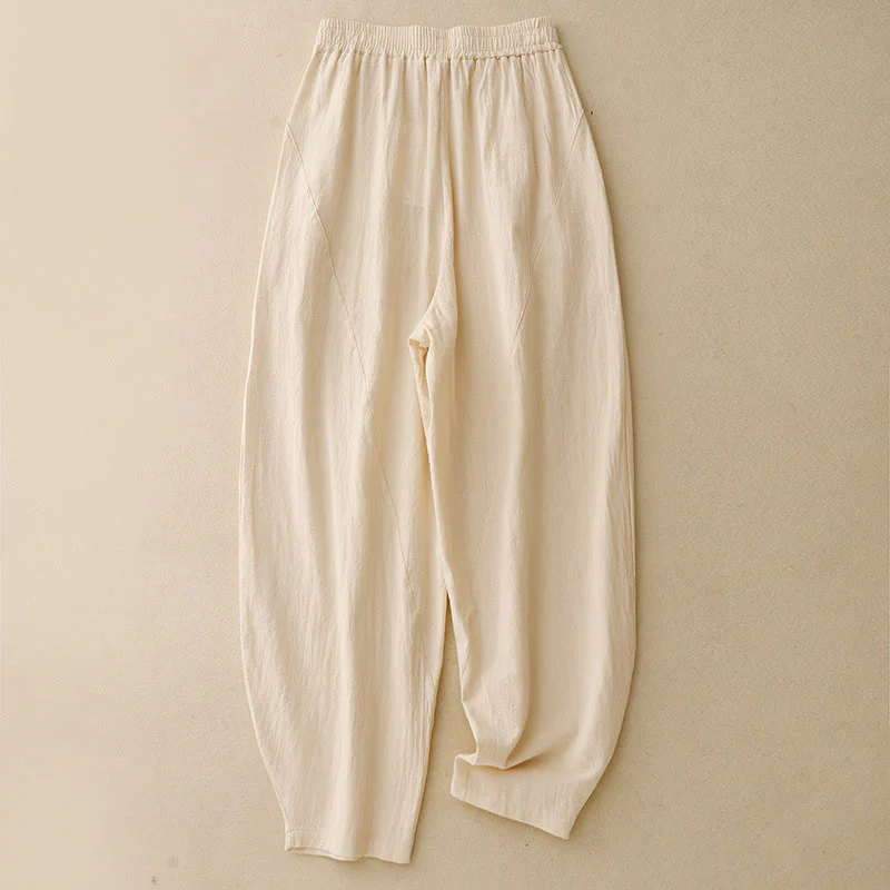 Pantaloni da donna in lino e cotone con elastico in vita, tinta unita , Buddha Stones Daily, con tasche - Image 9