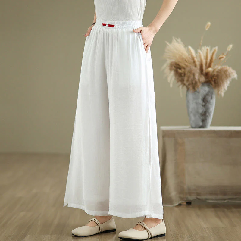 Pantaloni da donna in lino e cotone con gamba larga, con tasche, stile casual vintage con spacchi laterali e orlo a coste Buddha Stones - Image 11