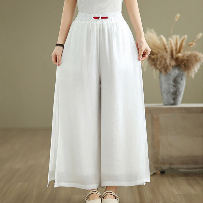 Pantaloni da donna in lino e cotone con gamba larga, con tasche, stile casual vintage con spacchi laterali e orlo a coste Buddha Stones - Image 12