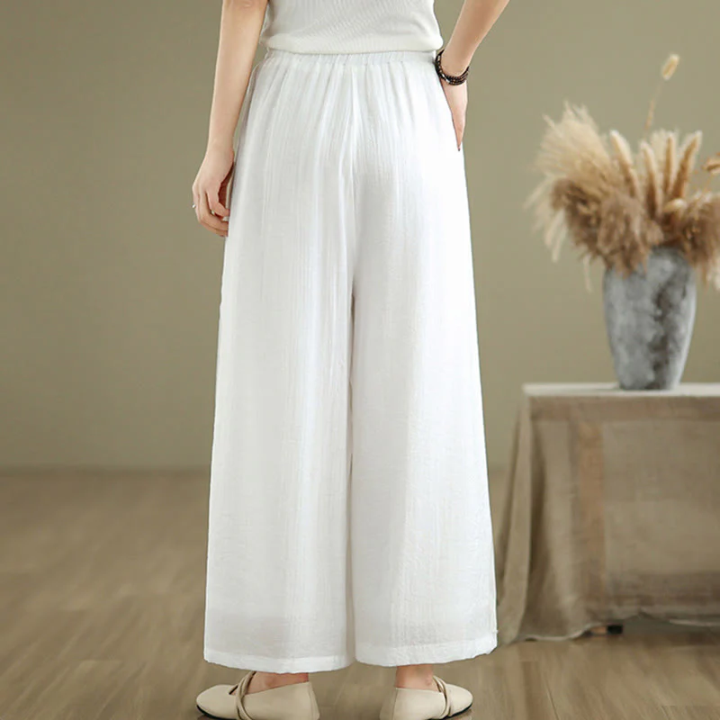 Pantaloni da donna in lino e cotone con gamba larga, con tasche, stile casual vintage con spacchi laterali e orlo a coste Buddha Stones - Image 13