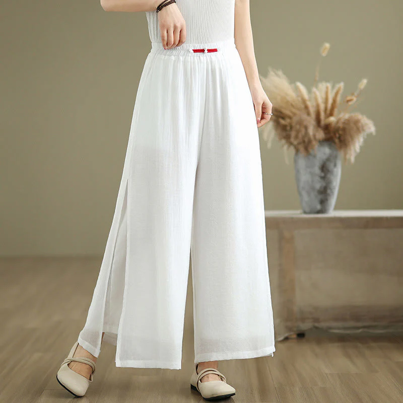 Pantaloni da donna in lino e cotone con gamba larga, con tasche, stile casual vintage con spacchi laterali e orlo a coste Buddha Stones - Image 14