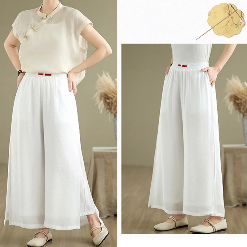 Pantaloni da donna in lino e cotone con gamba larga, con tasche, stile casual vintage con spacchi laterali e orlo a coste Buddha Stones - Image 15