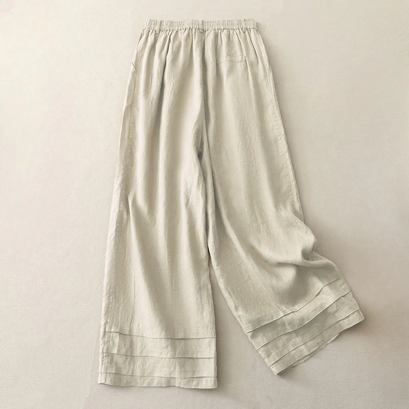 Pantaloni da donna in lino e cotone con gamba larga, tasche e design a pieghe vintage con polsini e tasche a tinta unita , Buddha Stones - Image 2