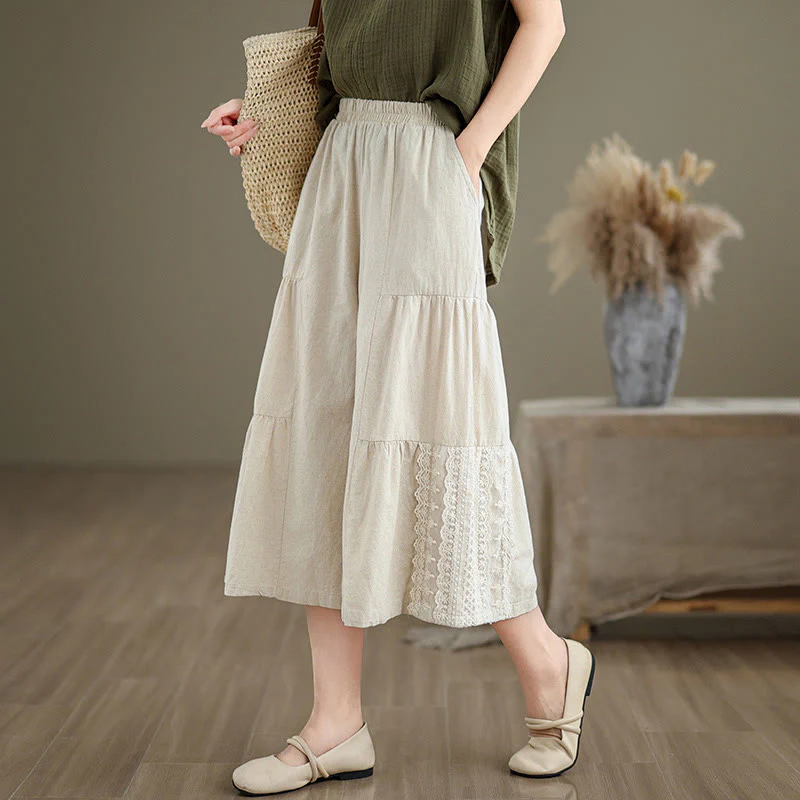 Pantaloni da donna in lino e cotone con tasche, a gamba larga, con pizzi semplici e casual, modello Buddha Stones - Image 3