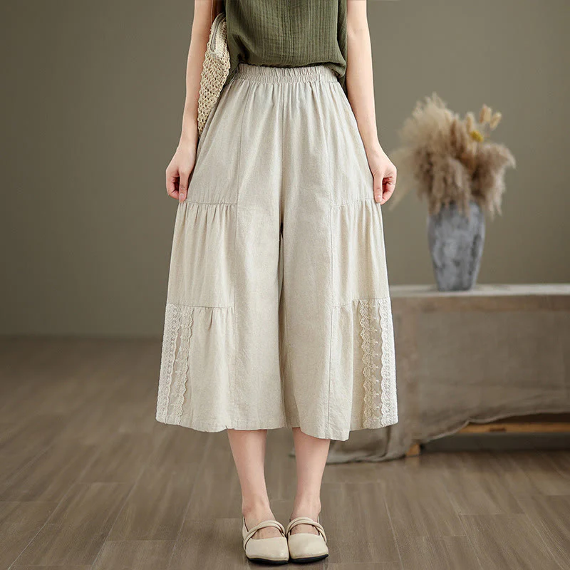 Pantaloni da donna in lino e cotone con tasche, a gamba larga, con pizzi semplici e casual, modello Buddha Stones - Image 4