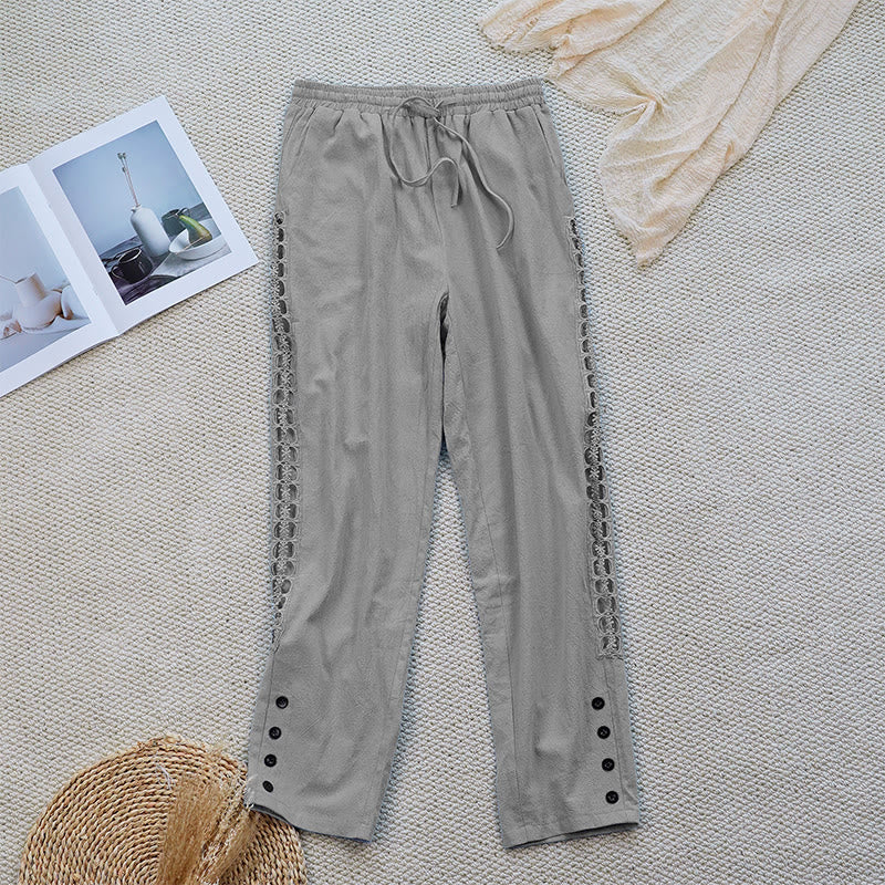 Pantaloni da donna in lino e cotone con tasche, modello Buddha Stones Summer, tinta unita, con cuciture - Image 15