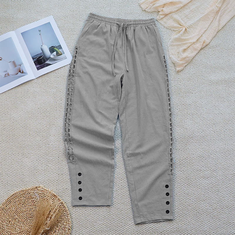 Pantaloni da donna in lino e cotone con tasche, modello Buddha Stones Summer, tinta unita, con cuciture - Image 16
