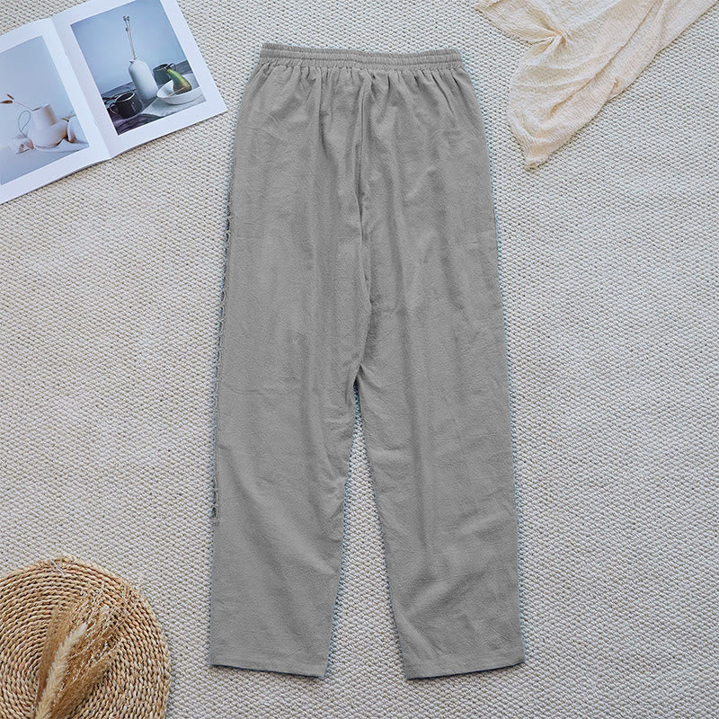 Pantaloni da donna in lino e cotone con tasche, modello Buddha Stones Summer, tinta unita, con cuciture - Image 17