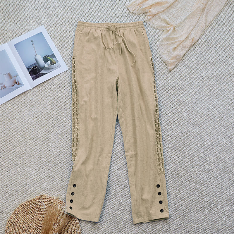 Pantaloni da donna in lino e cotone con tasche, modello Buddha Stones Summer, tinta unita, con cuciture - Image 22