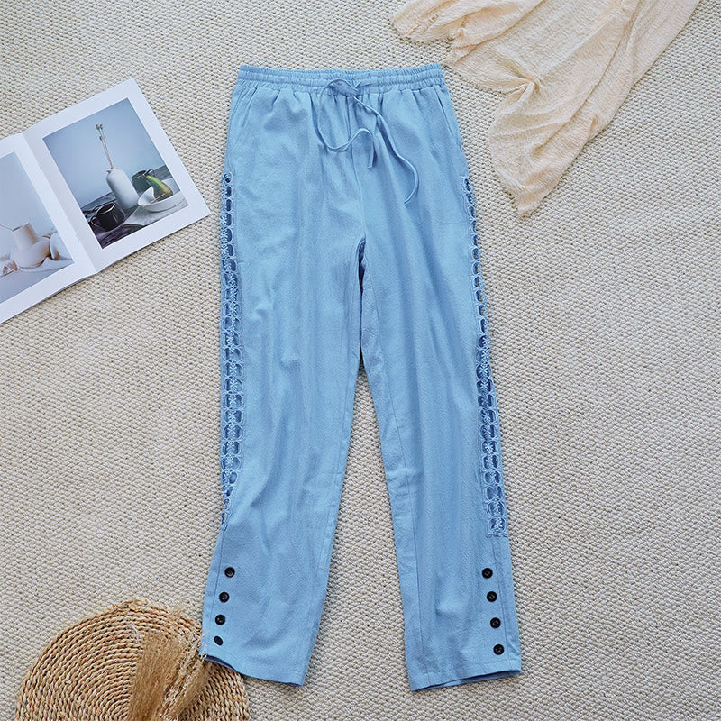 Pantaloni da donna in lino e cotone con tasche, modello Buddha Stones Summer, tinta unita, con cuciture - Image 29