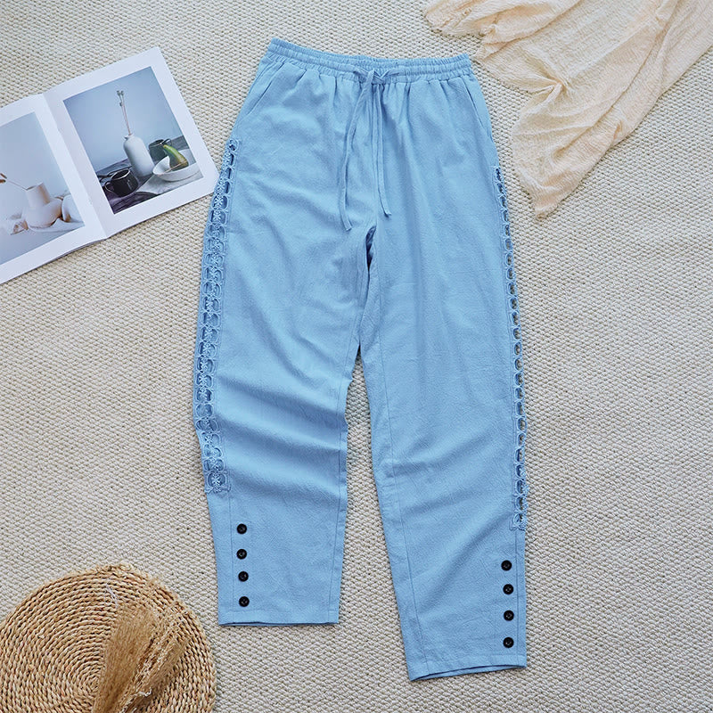 Pantaloni da donna in lino e cotone con tasche, modello Buddha Stones Summer, tinta unita, con cuciture - Image 30