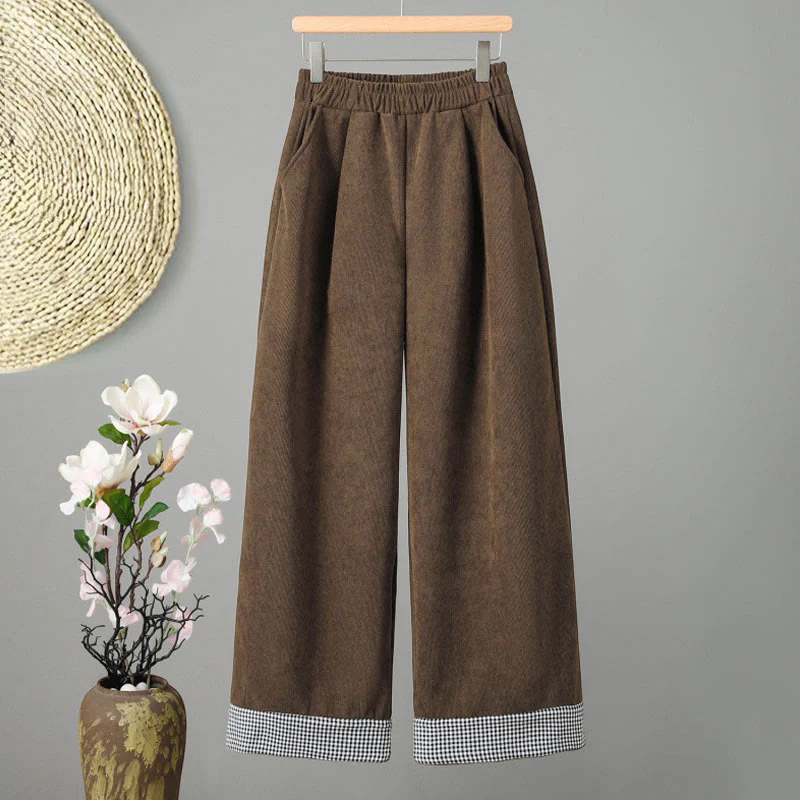 Pantaloni da donna in velluto a coste con gamba larga, elastico in vita e patchwork a quadri, lunghezza caviglia , Buddha Stones