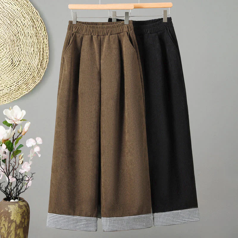 Pantaloni da donna in velluto a coste con gamba larga, elastico in vita e patchwork a quadri, lunghezza caviglia , Buddha Stones - Image 10