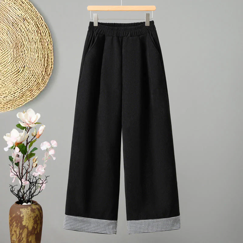 Pantaloni da donna in velluto a coste con gamba larga, elastico in vita e patchwork a quadri, lunghezza caviglia , Buddha Stones - Image 11