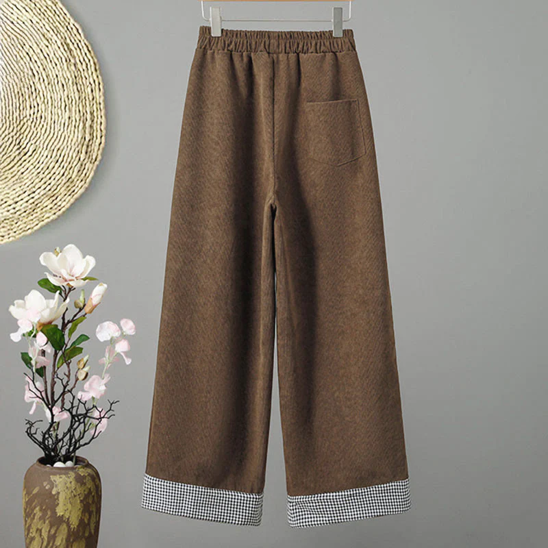 Pantaloni da donna in velluto a coste con gamba larga, elastico in vita e patchwork a quadri, lunghezza caviglia , Buddha Stones - Image 2