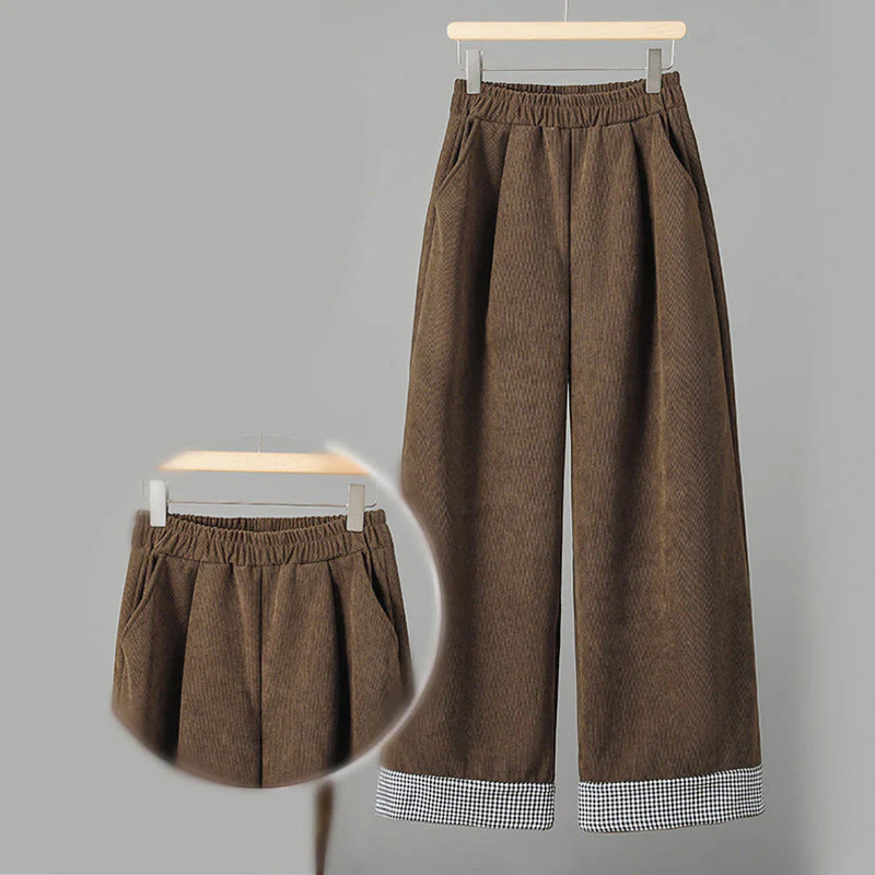 Pantaloni da donna in velluto a coste con gamba larga, elastico in vita e patchwork a quadri, lunghezza caviglia , Buddha Stones - Image 3