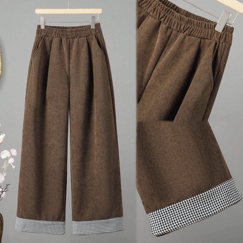 Pantaloni da donna in velluto a coste con gamba larga, elastico in vita e patchwork a quadri, lunghezza caviglia , Buddha Stones - Image 4
