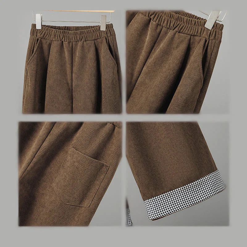 Pantaloni da donna in velluto a coste con gamba larga, elastico in vita e patchwork a quadri, lunghezza caviglia , Buddha Stones - Image 9