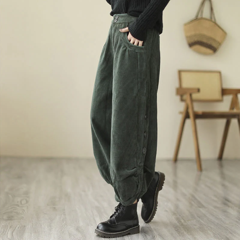 Pantaloni da donna in velluto a coste di cotone con tasche e bottoni casual Buddha Stones - Image 15