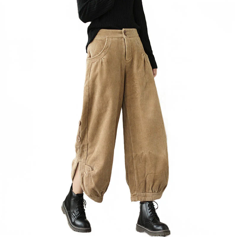 Pantaloni da donna in velluto a coste di cotone con tasche e bottoni casual Buddha Stones - Image 9