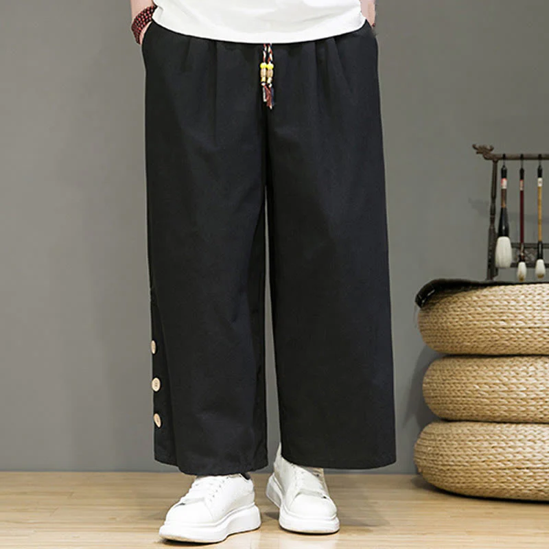 Pantaloni da uomo a gamba dritta con tasche, coulisse, bottoni in lino tinta unita con Buddha Stones - Image 12