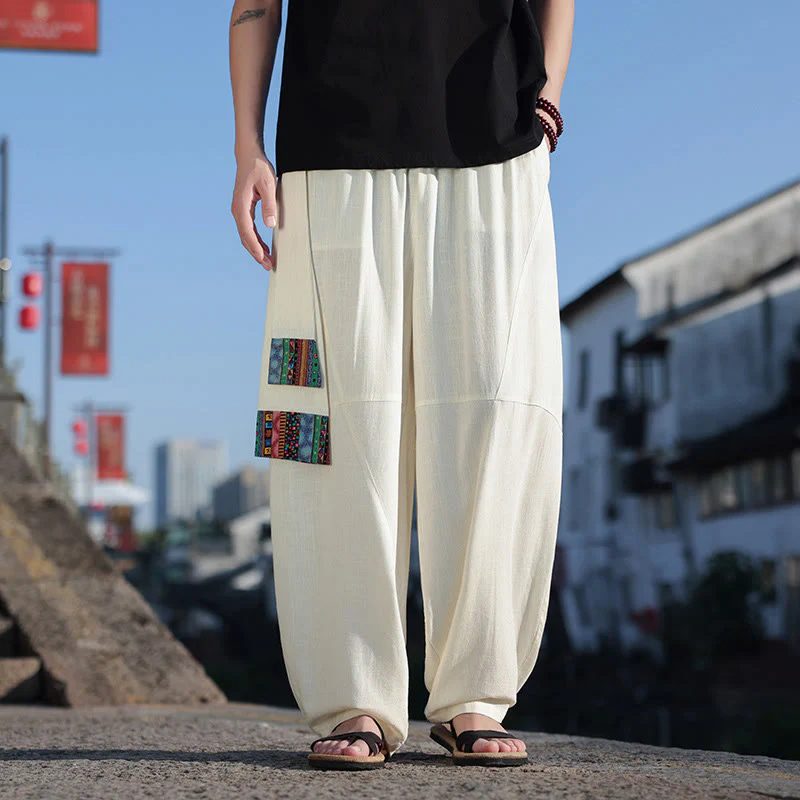 Pantaloni larghi da uomo in cotone morbido con coulisse e tasche, motivo patchwork semplice Buddha Stones