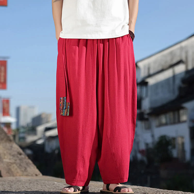 Pantaloni larghi da uomo in cotone morbido con coulisse e tasche, motivo patchwork semplice Buddha Stones - Image 29