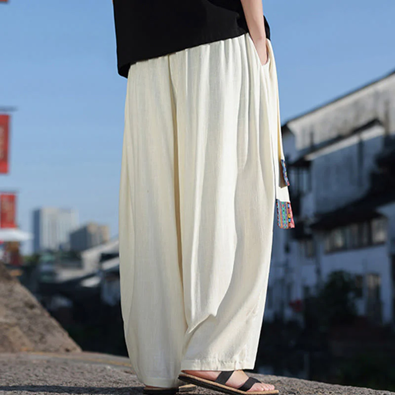 Pantaloni larghi da uomo in cotone morbido con coulisse e tasche, motivo patchwork semplice Buddha Stones - Image 3
