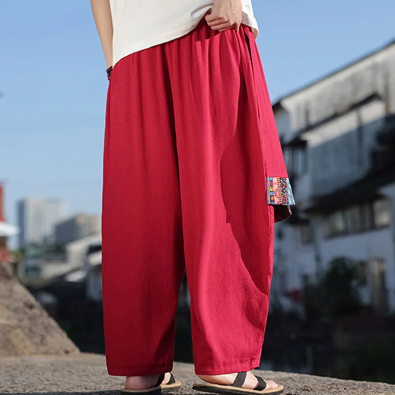 Pantaloni larghi da uomo in cotone morbido con coulisse e tasche, motivo patchwork semplice Buddha Stones - Image 30