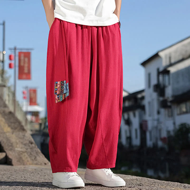 Pantaloni larghi da uomo in cotone morbido con coulisse e tasche, motivo patchwork semplice Buddha Stones - Image 32