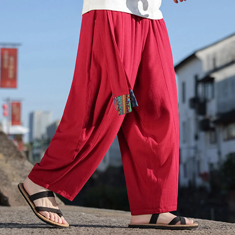Pantaloni larghi da uomo in cotone morbido con coulisse e tasche, motivo patchwork semplice Buddha Stones - Image 33