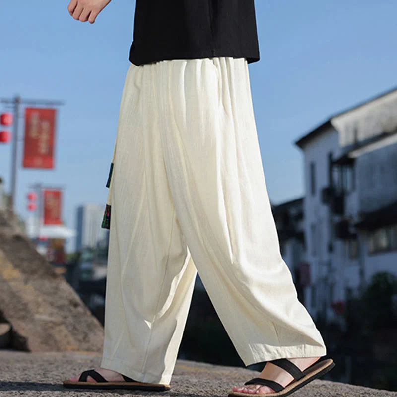 Pantaloni larghi da uomo in cotone morbido con coulisse e tasche, motivo patchwork semplice Buddha Stones - Image 4