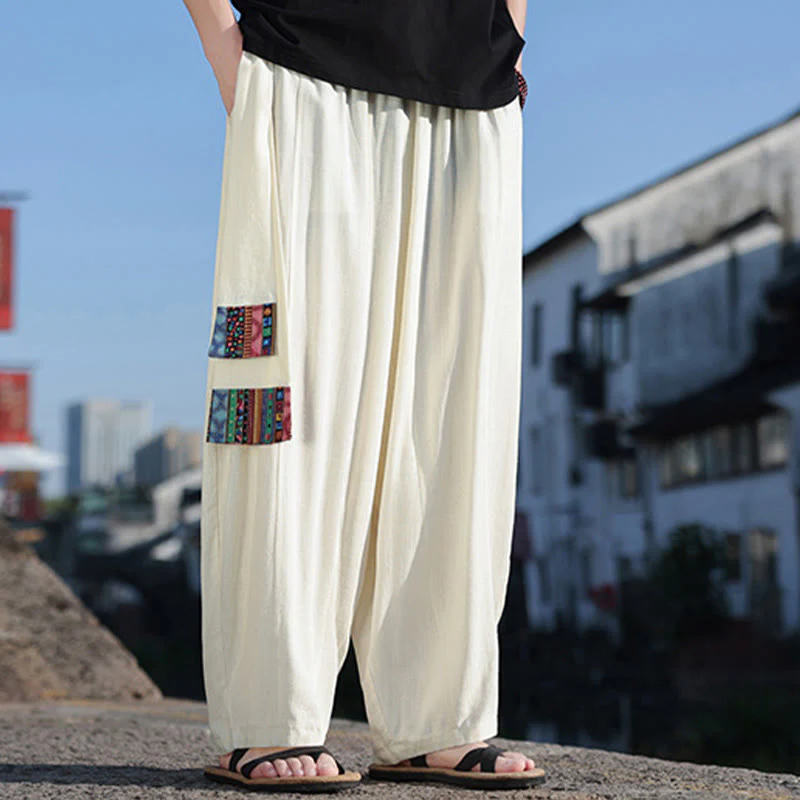 Pantaloni larghi da uomo in cotone morbido con coulisse e tasche, motivo patchwork semplice Buddha Stones - Image 5
