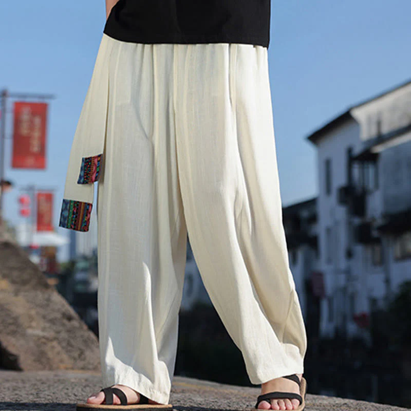 Pantaloni larghi da uomo in cotone morbido con coulisse e tasche, motivo patchwork semplice Buddha Stones - Image 6