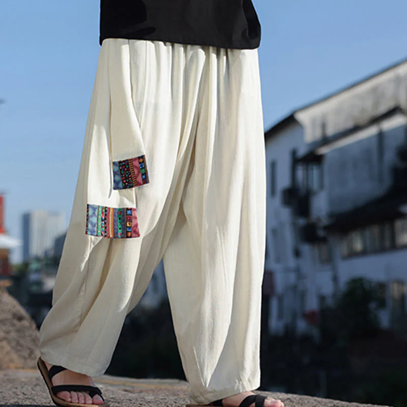 Pantaloni larghi da uomo in cotone morbido con coulisse e tasche, motivo patchwork semplice Buddha Stones - Image 7