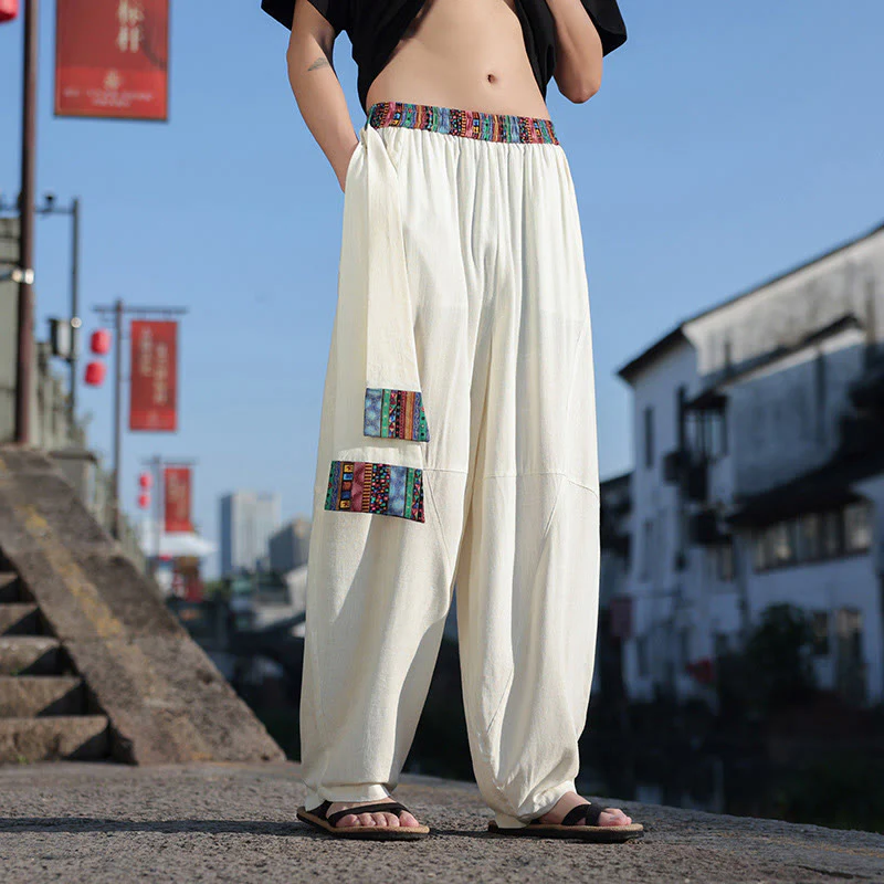 Pantaloni larghi da uomo in cotone morbido con coulisse e tasche, motivo patchwork semplice Buddha Stones - Image 8