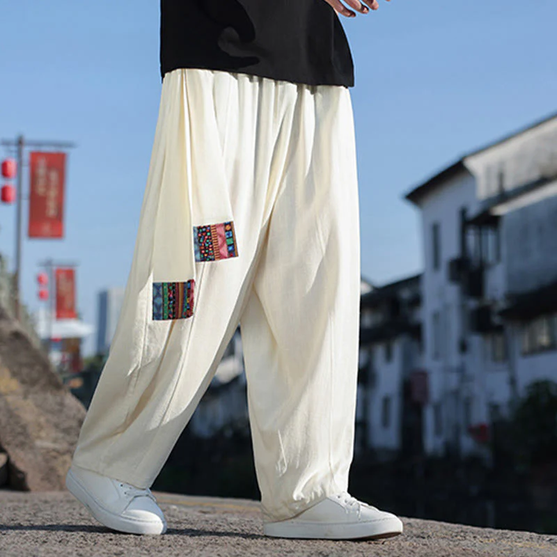 Pantaloni larghi da uomo in cotone morbido con coulisse e tasche, motivo patchwork semplice Buddha Stones - Image 9