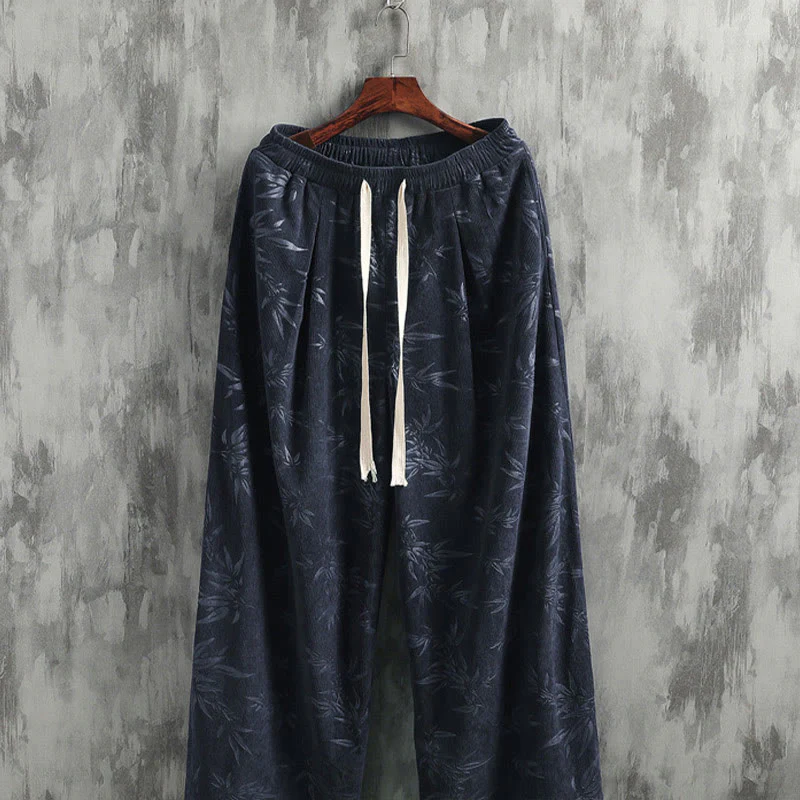 Pantaloni da uomo a gamba larga in velluto a coste con coulisse, in cotone, con tasche, motivo Buddha Stones Bamboo Leaves - Image 3