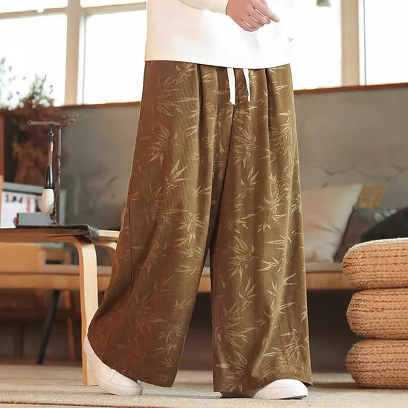 Pantaloni da uomo a gamba larga in velluto a coste con coulisse, in cotone, con tasche, motivo Buddha Stones Bamboo Leaves - Image 4