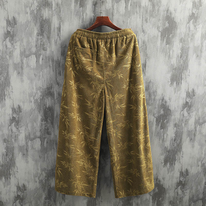 Pantaloni da uomo a gamba larga in velluto a coste con coulisse, in cotone, con tasche, motivo Buddha Stones Bamboo Leaves - Image 6