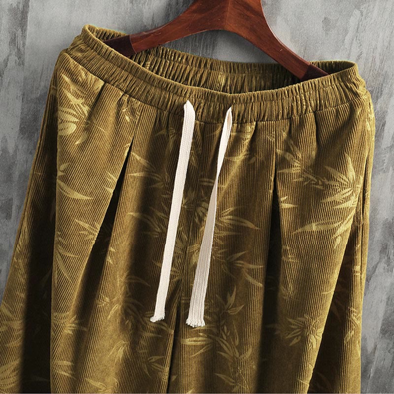 Pantaloni da uomo a gamba larga in velluto a coste con coulisse, in cotone, con tasche, motivo Buddha Stones Bamboo Leaves - Image 7