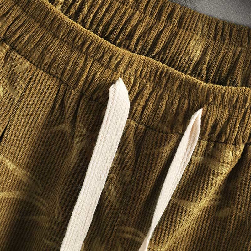 Pantaloni da uomo a gamba larga in velluto a coste con coulisse, in cotone, con tasche, motivo Buddha Stones Bamboo Leaves - Image 8