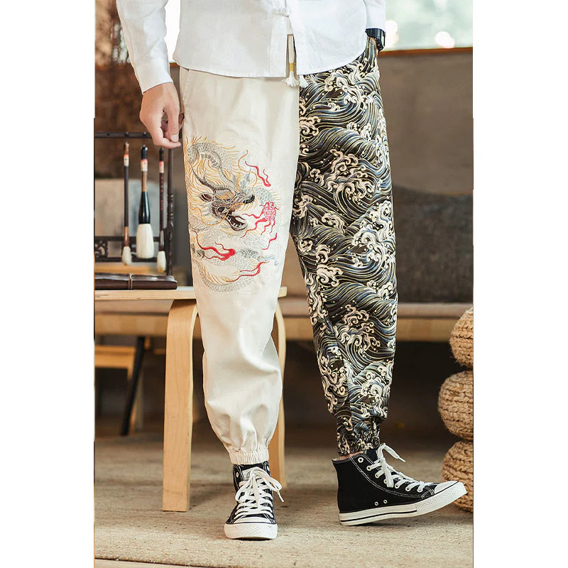 Pantaloni da uomo bicolore con tasche e motivo a drago Buddha Stones - Image 10