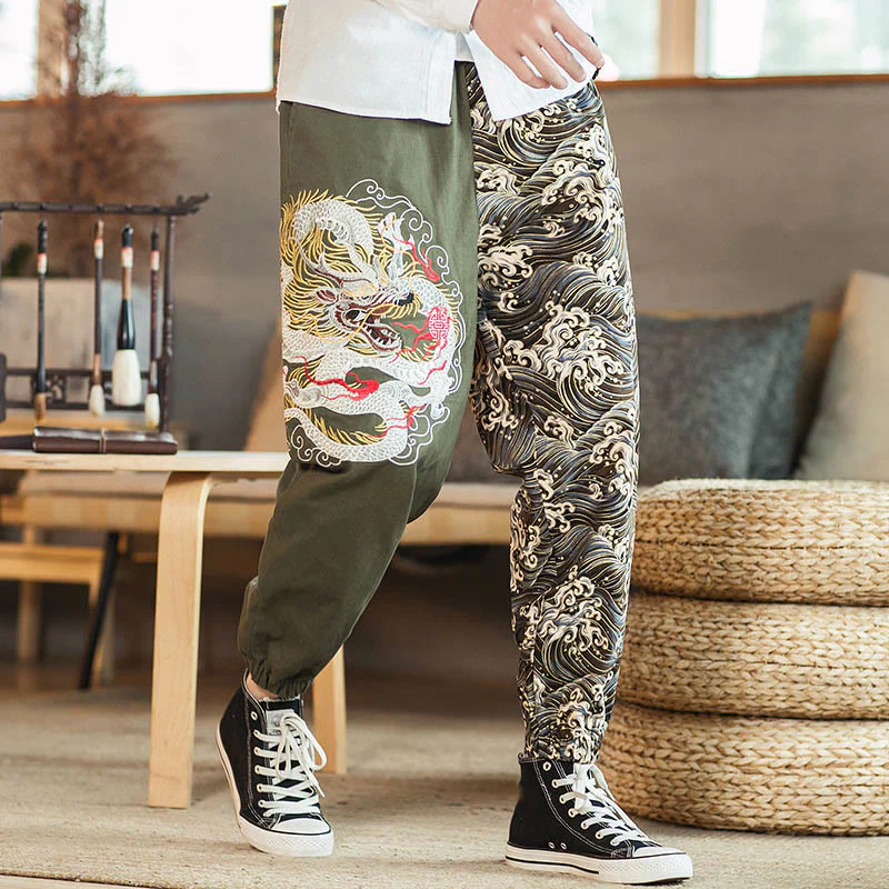 Pantaloni da uomo bicolore con tasche e motivo a drago Buddha Stones - Image 12