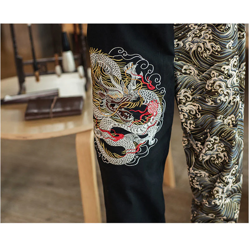 Pantaloni da uomo bicolore con tasche e motivo a drago Buddha Stones - Image 4