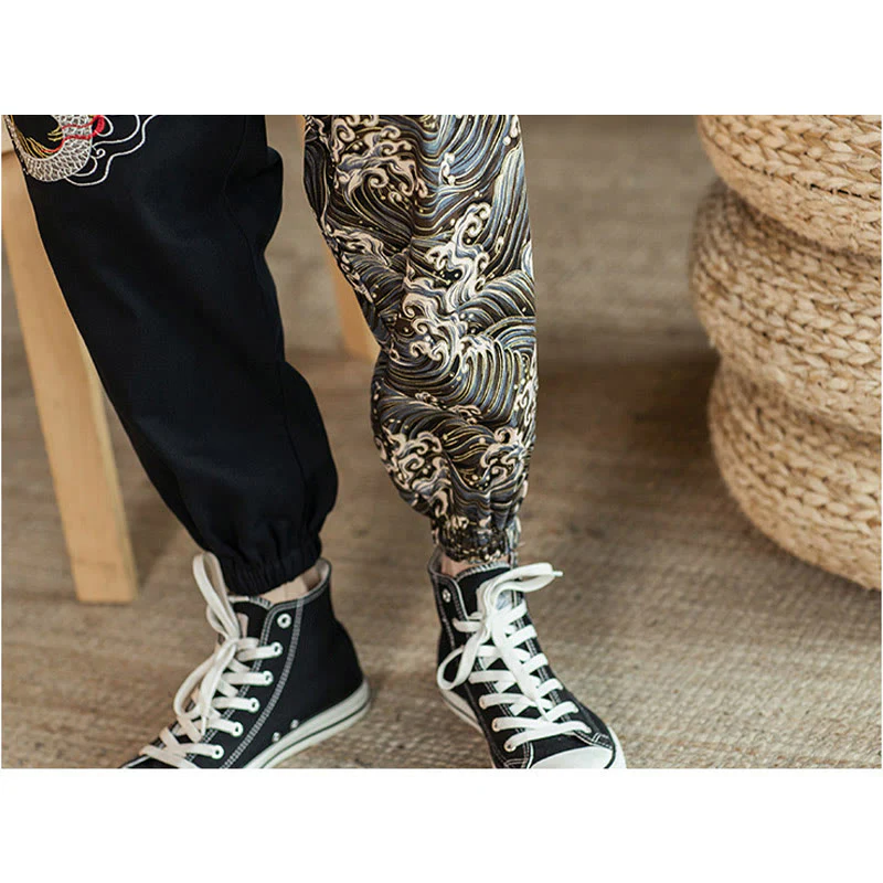 Pantaloni da uomo bicolore con tasche e motivo a drago Buddha Stones - Image 5