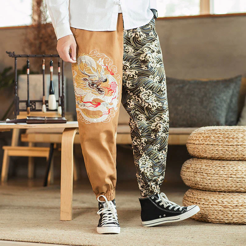 Pantaloni da uomo bicolore con tasche e motivo a drago Buddha Stones - Image 7