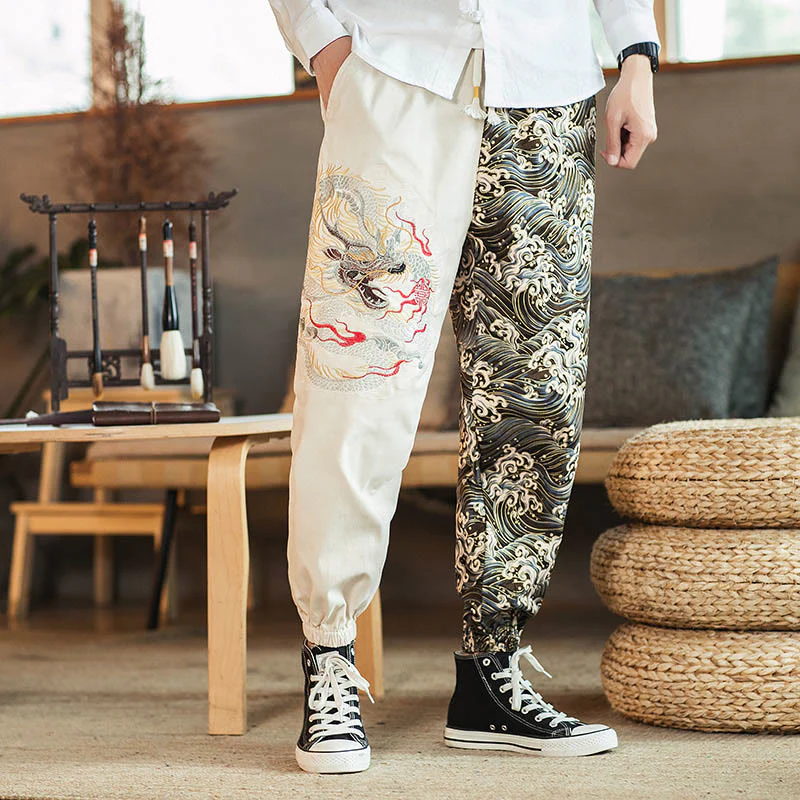 Pantaloni da uomo bicolore con tasche e motivo a drago Buddha Stones - Image 9