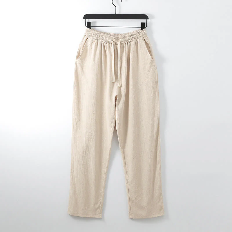 Pantaloni da uomo casual larghi in cotone e lino tinta unita con tasche Buddha Stones - Image 8