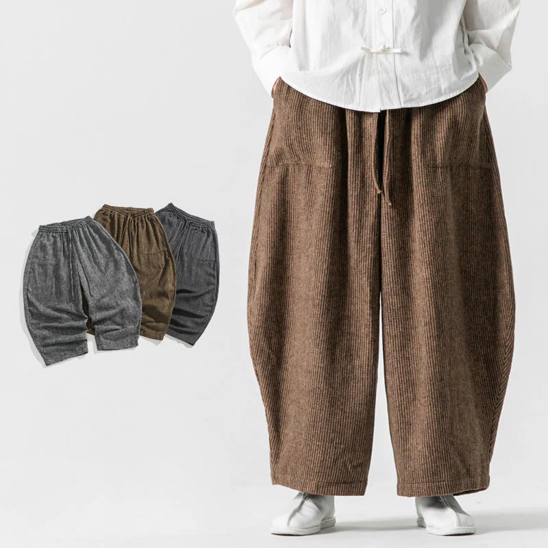 Pantaloni da uomo in cotone a gamba larga con tasche e coulisse, tinta unita, modello Buddha Stones Daily - Image 11